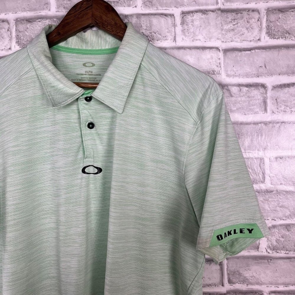 OAKLEY Stretch Performance Golf Polo Shirt Green Micro Stripe Men XL Tailor Fit